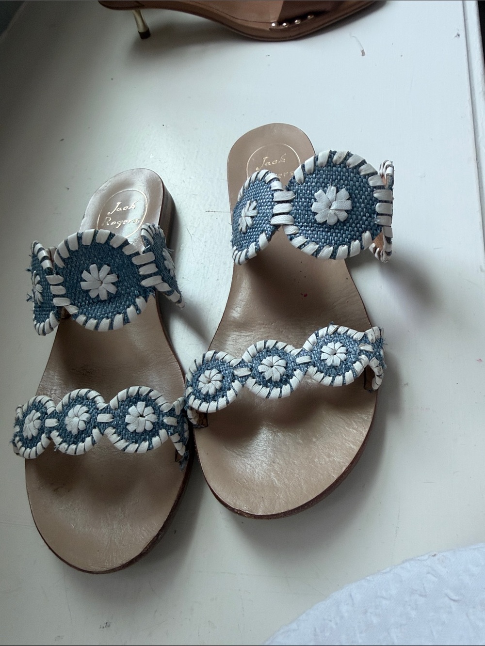 Jack Rogers Blue & White Leather Slide Sandals